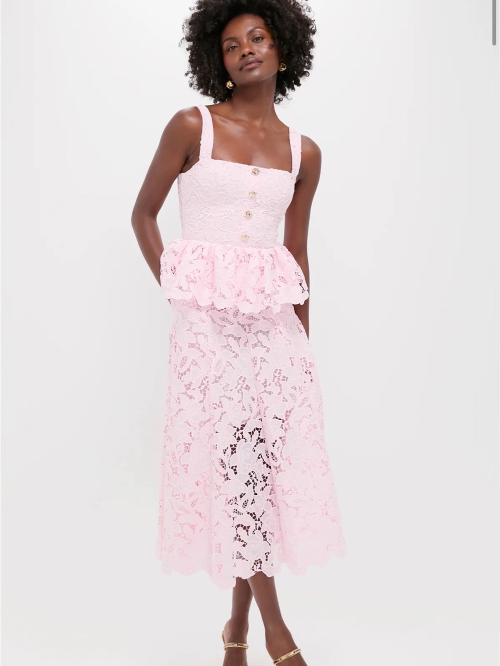 Self Portrait - Blush Pink Lace Peplum Midi Dress